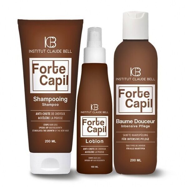 FORTE CAPIL Shampoo, Spülung und Lotionreduzieren androgenetischen oder hormonellen Haarausfall.
